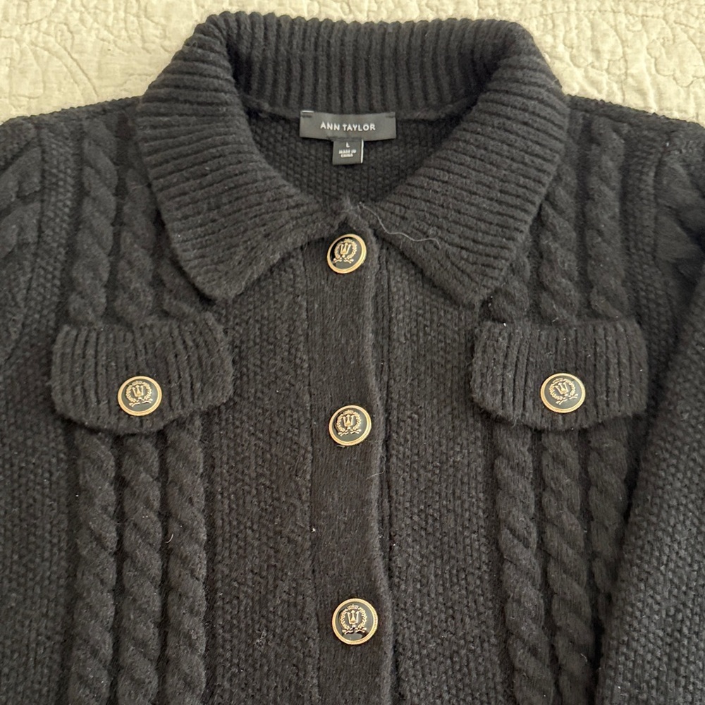 Ann Taylor Black Textured Sweater with Gold buttons, SZ L, EUC - Picture 3 of 6